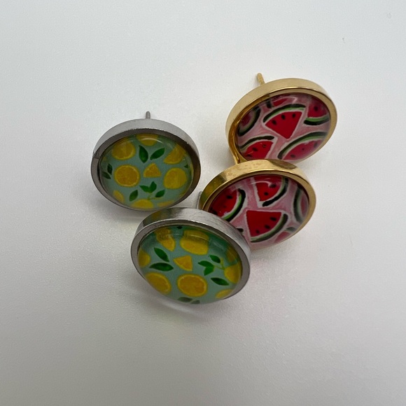 Classic Round  Fruit Stud Earring Set - Lemon and Watermelon Stud Earrings - Picture 13 of 14